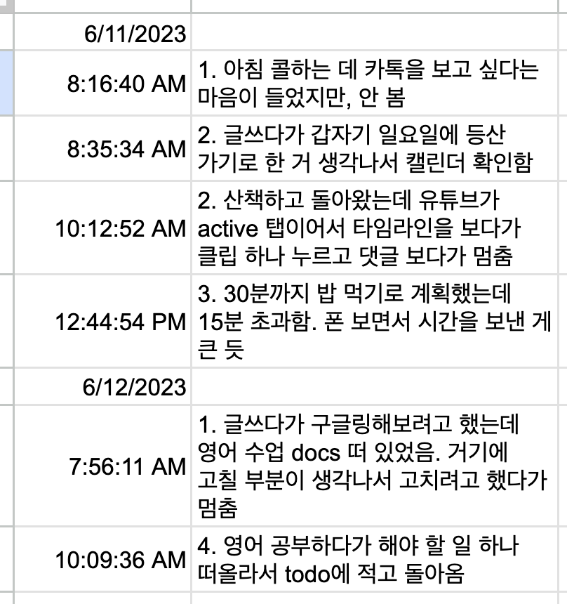 딴짓 관리 시트