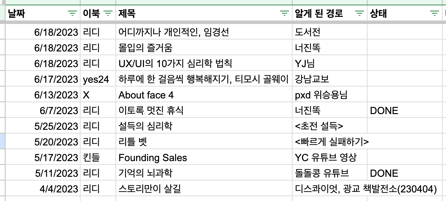 읽을 책 목록 시트